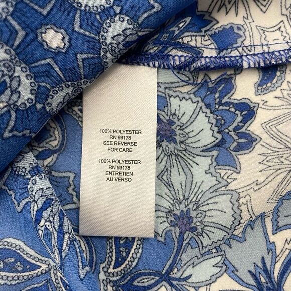Elie. Tahari Sheer Button Blouse Blue Spanish Tile Ruffles L/S Flounce Floral XS - Picture 6 of 7